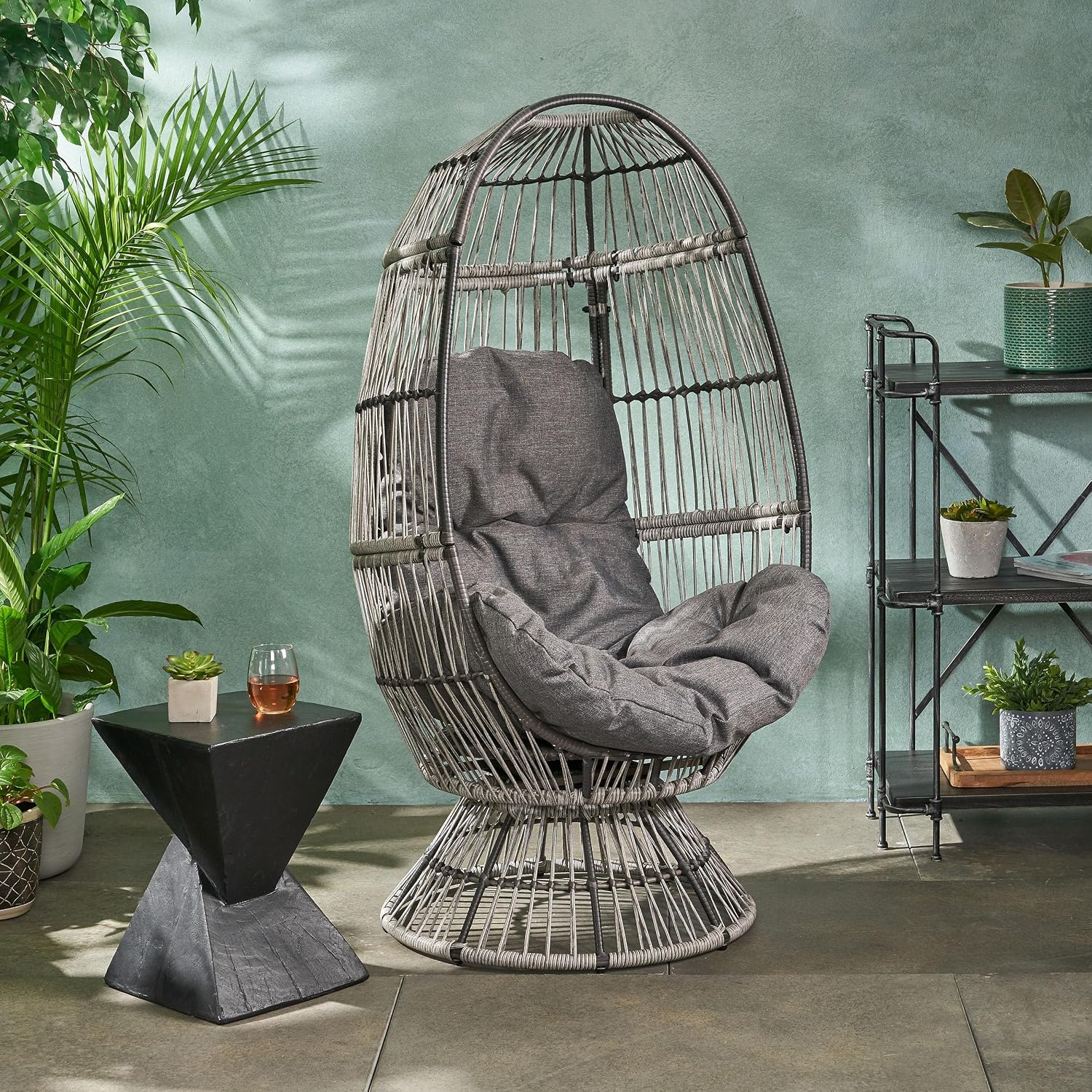 Wicker Egg Chair, Wicker Lounge Chair with Water Resistant Cushion, Indoor Outdoor Lounger for Patio, Backyard, Living Room (Gray)