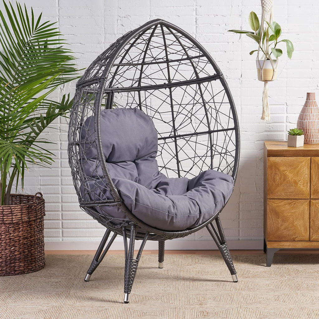 Wicker Egg Chair, Wicker Lounge Chair with Water Resistant Cushion, Indoor Outdoor Lounger for Patio, Backyard, Living Room (Dark Gray)