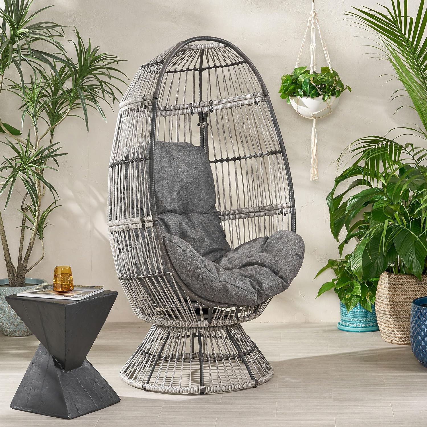 Wicker Egg Chair, Wicker Lounge Chair with Water Resistant Cushion, Indoor Outdoor Lounger for Patio, Backyard, Living Room (Gray)