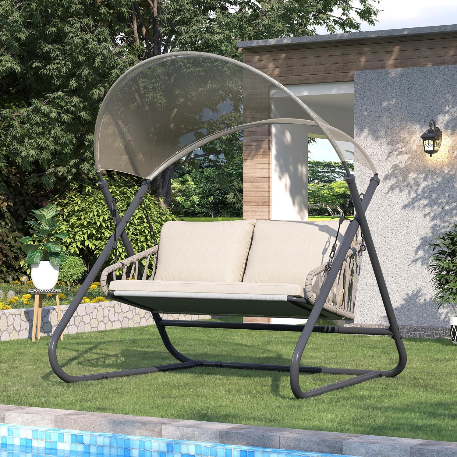 2-Seat Outdoor Porch Swing, Patio Swing with Canopy, Hanging Glider Bench with Thicken Cushions and Pillow, Patio Hammock Lounge Chair for Backyard Porch Garden Deck, Beige