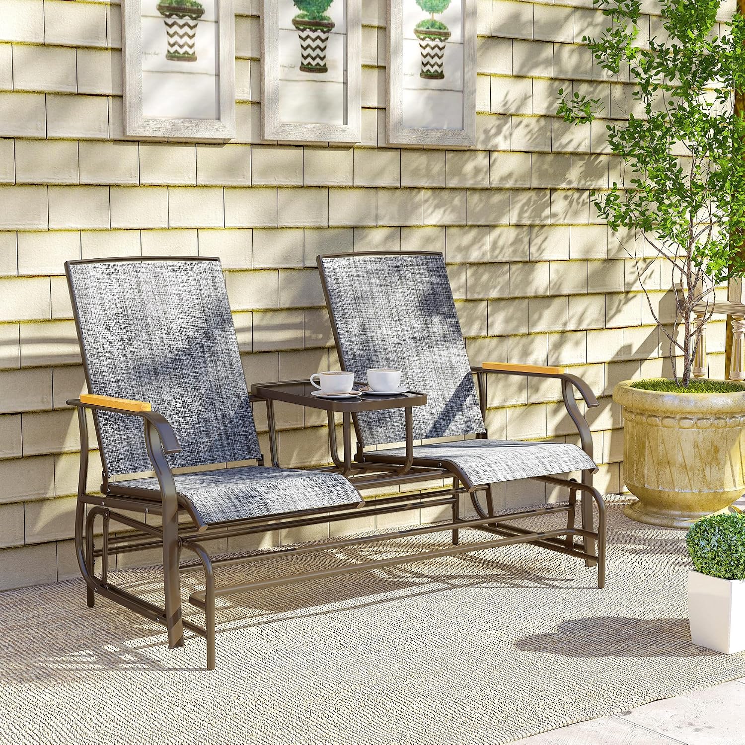 Outsunny 2 Person Outdoor Glider Bench, Patio Swing Glider Chair Loveseat with Breathable Mesh, Table, Steel Frame for Garden, Backyard, Porch, Gray