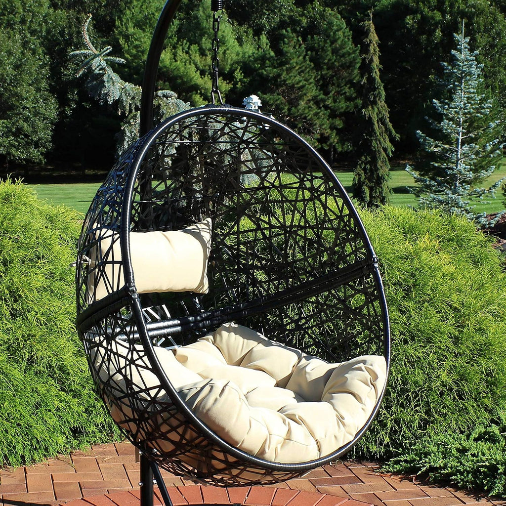 Sunnydaze Jackson Resin Wicker Hanging Egg Chair - 265-Pound Weight Capacity - Removable Cream Polyester Cushions