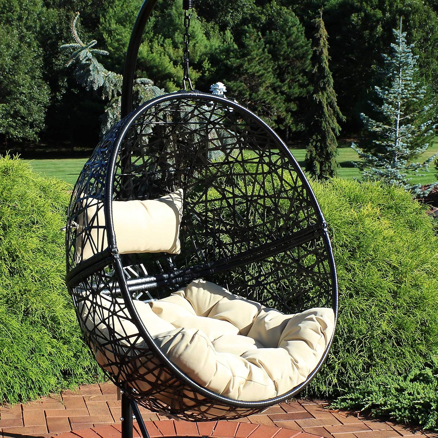 Sunnydaze Jackson Resin Wicker Hanging Egg Chair - 265-Pound Weight Capacity - Removable Cream Polyester Cushions